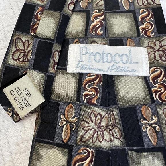 Vintage Protocol Platinum 100% Silk Black Grey Paisley Neck Tie 80s Checkered - Picture 6 of 8